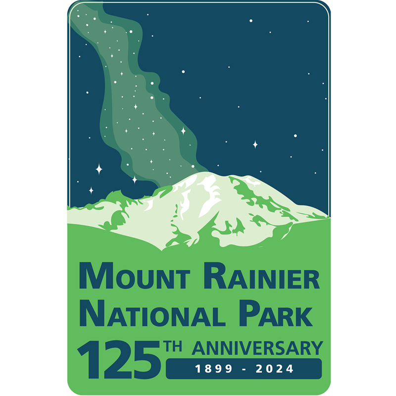 A stylized Mount Rainier set against a starry Milky Way galaxy