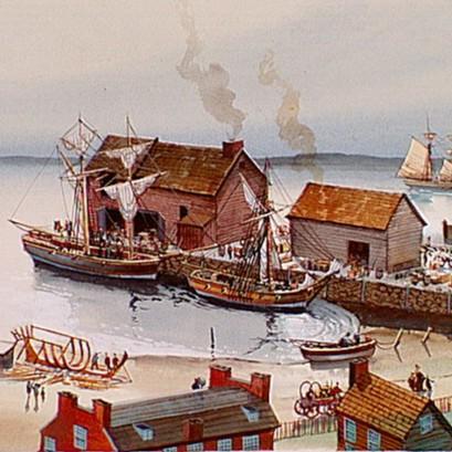 An illustration of a busy wharf with wooden ships