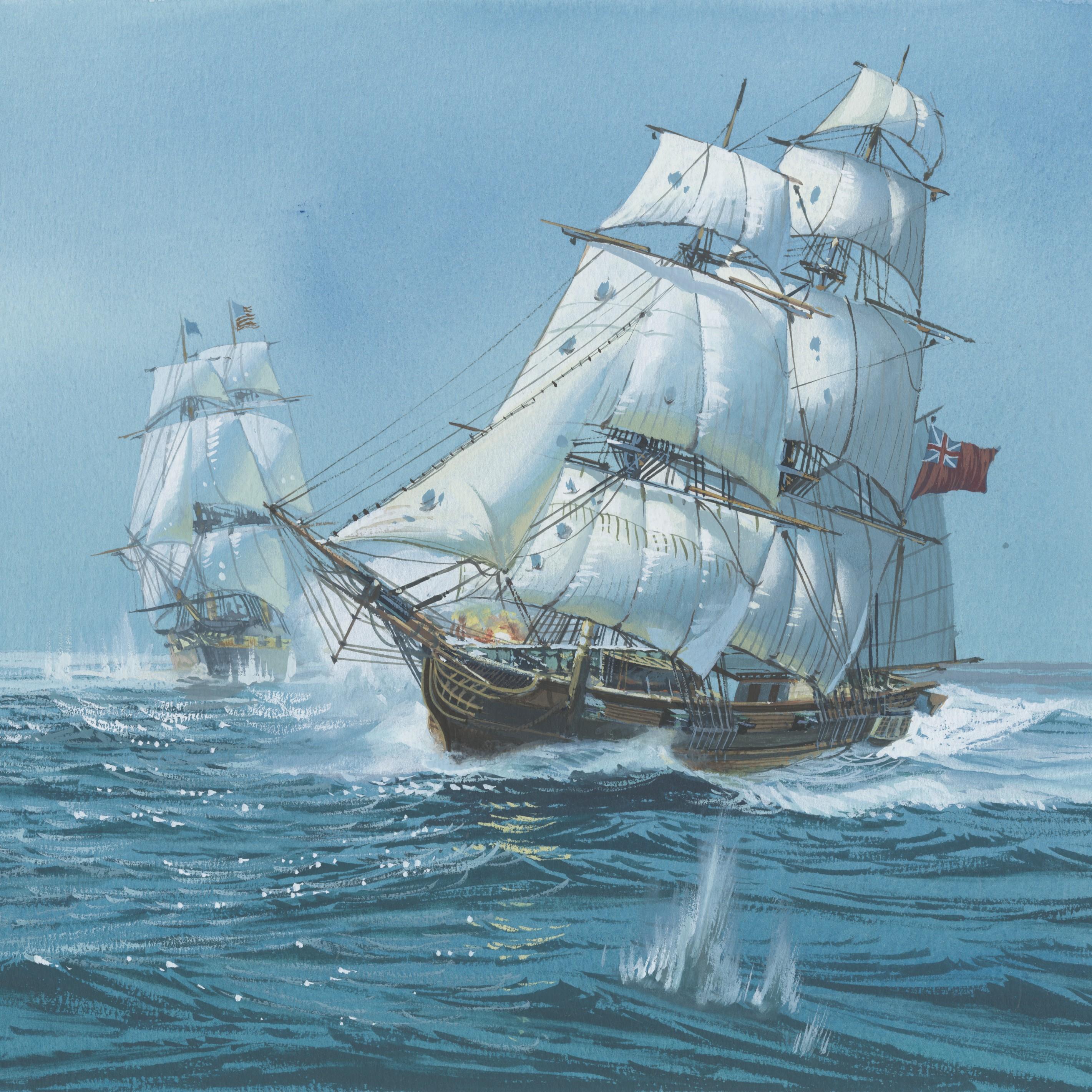 Two wooden ships engage in a battle on the open ocean