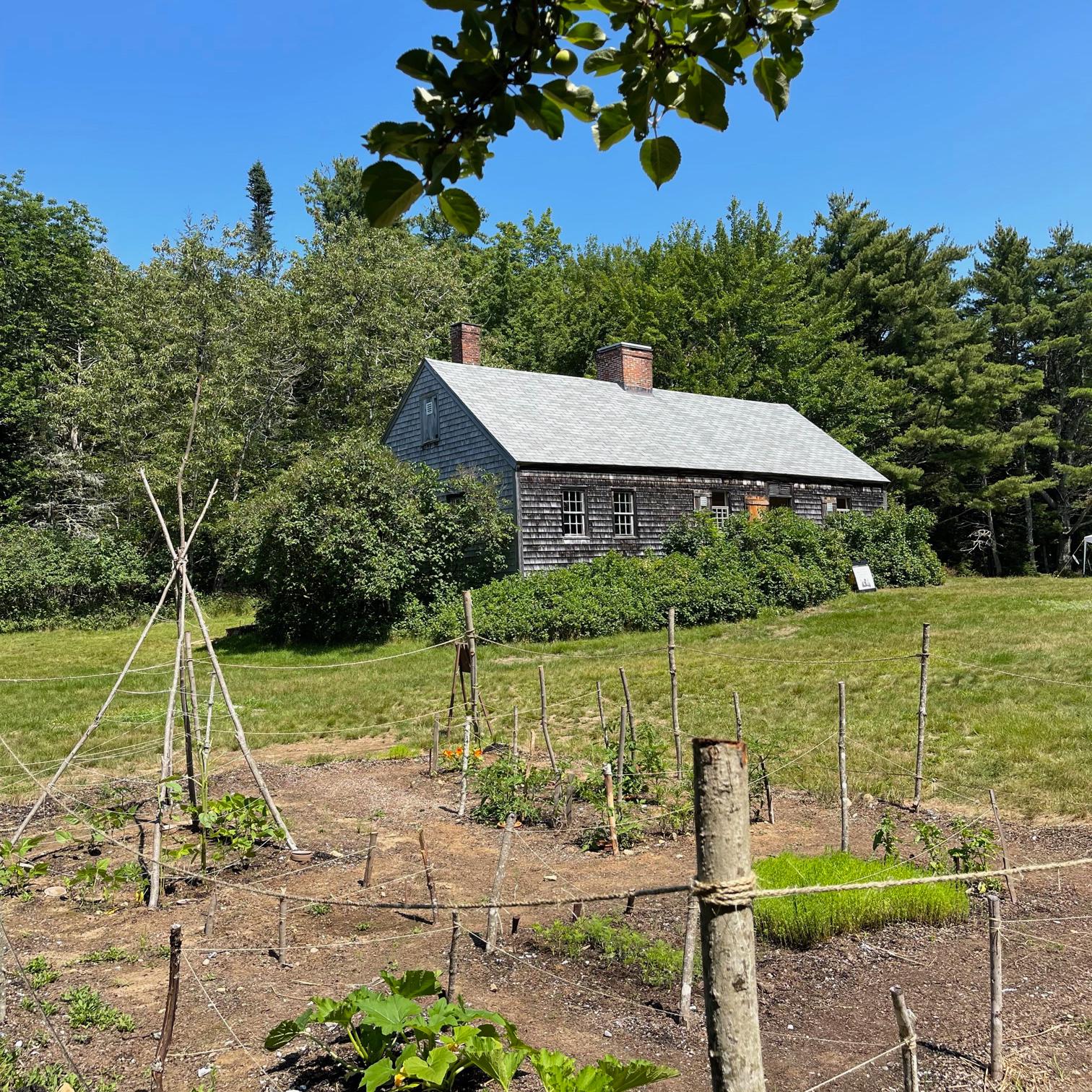 Small historic farmhouse in distance with a subsistence garden in foreground
