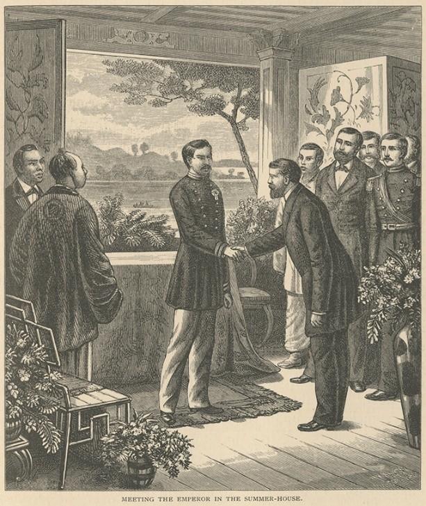 A drawing shows two men shaking hands in a room with a window that opens up to a tree and mountains.