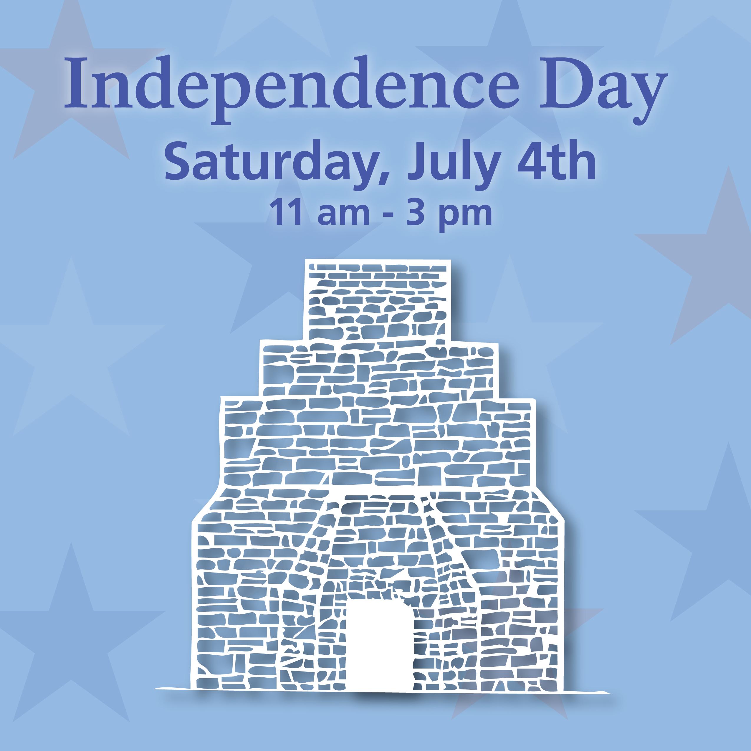 White outline of a furnace on blue background with stars, text says "Independence Day, July 4 11-3"