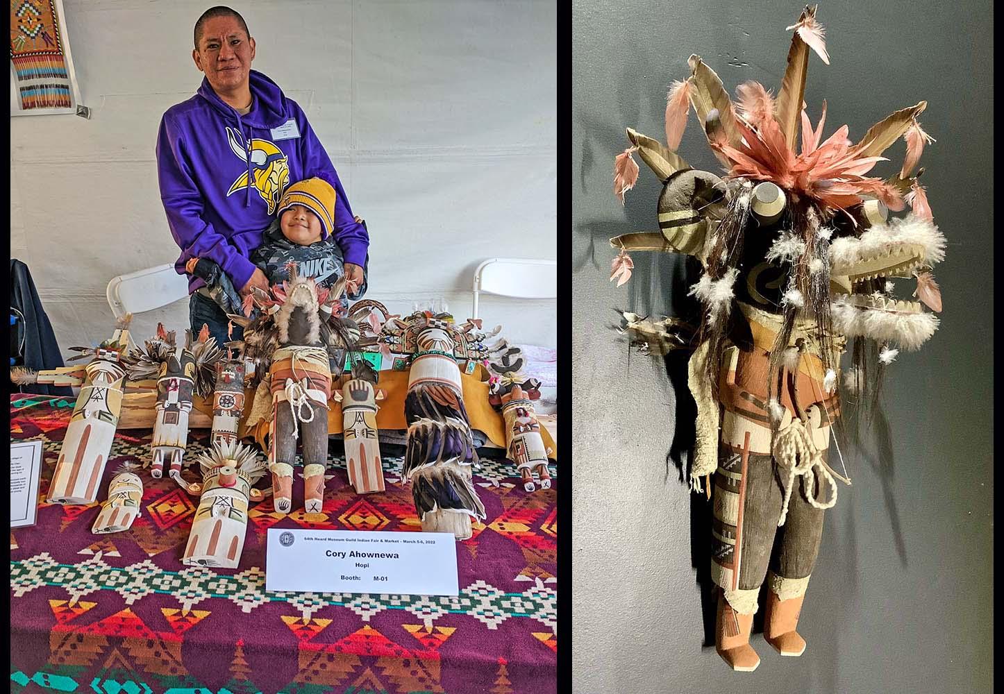 Corey Ahownewa, with a variety of Hopi Katsina dolls arranged across the width of a table