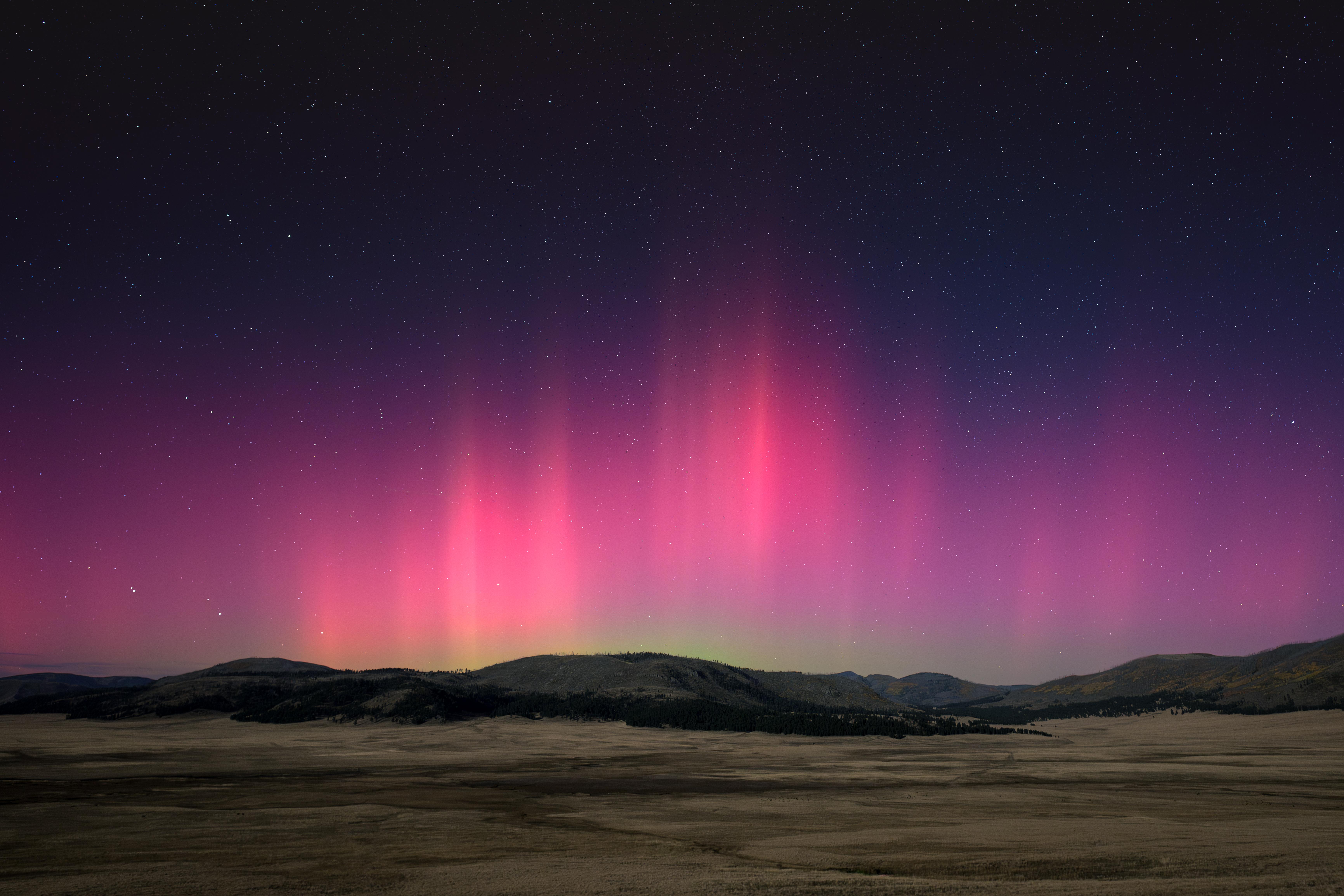 Pink, purple, and green northern lights glimmer above a montane grassland at night.