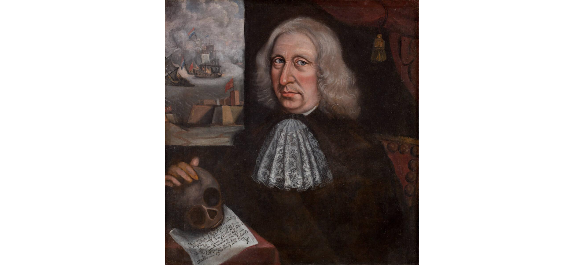 A man in puritan clothing holding a skull in his right hand.