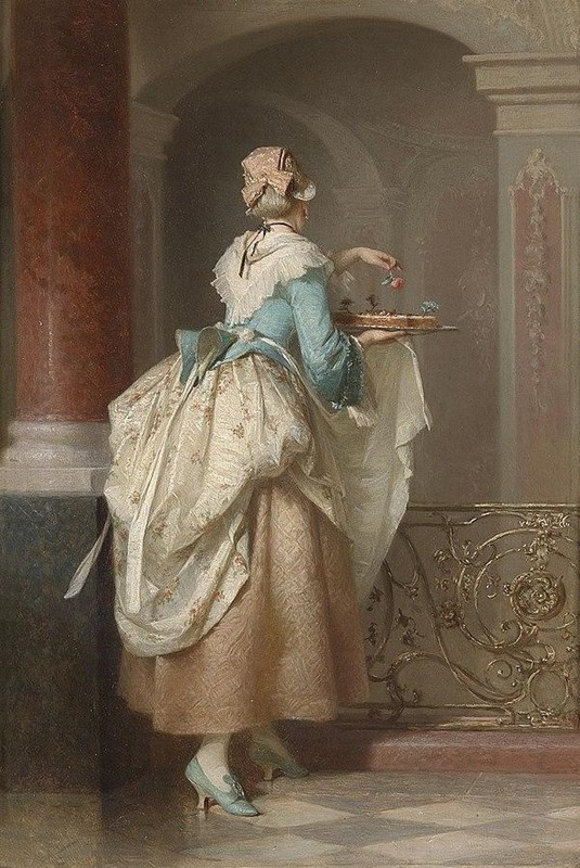 Color painting of a woman dressed in light blue and pink, carrying a birthday cake through a room.