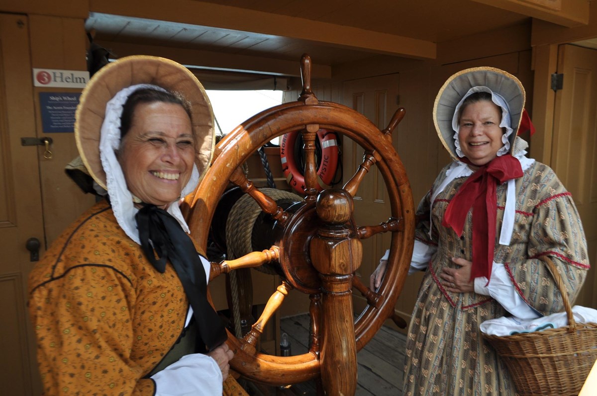 The 1850 Ladies, aka Ruth and Abby, posing on the whaleship the Morgan