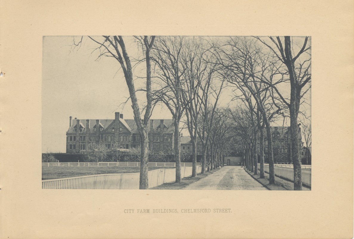 Photo of a large stone building set behind a white fence and a drive lined by winter bare trees.