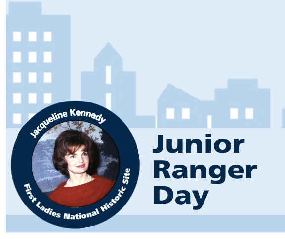 Patch of First Lady Jackie Kennedy over a blue city scape with the words