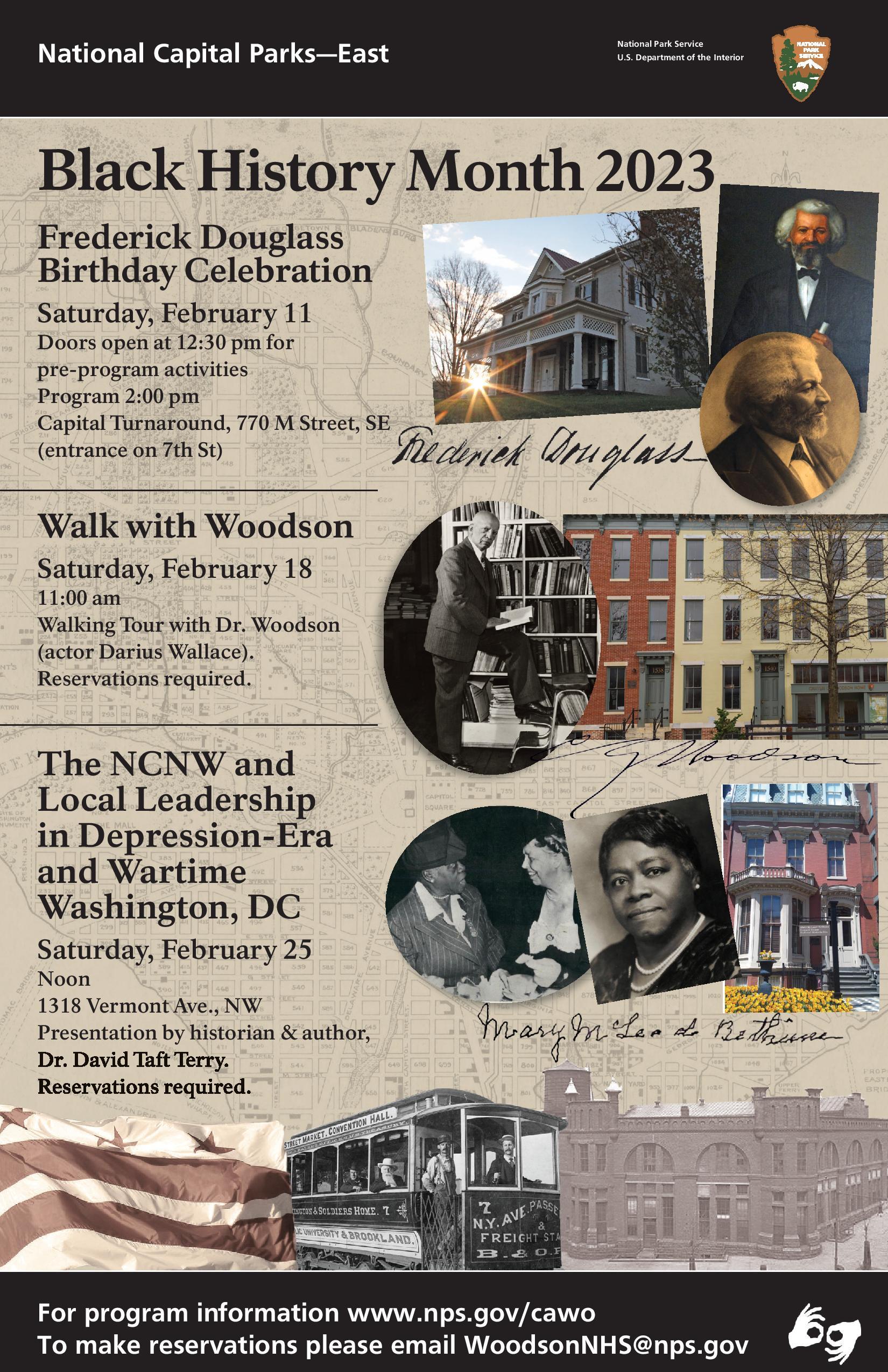 An image with text and photos of people, homes, an American flag, a streetcar, and a building