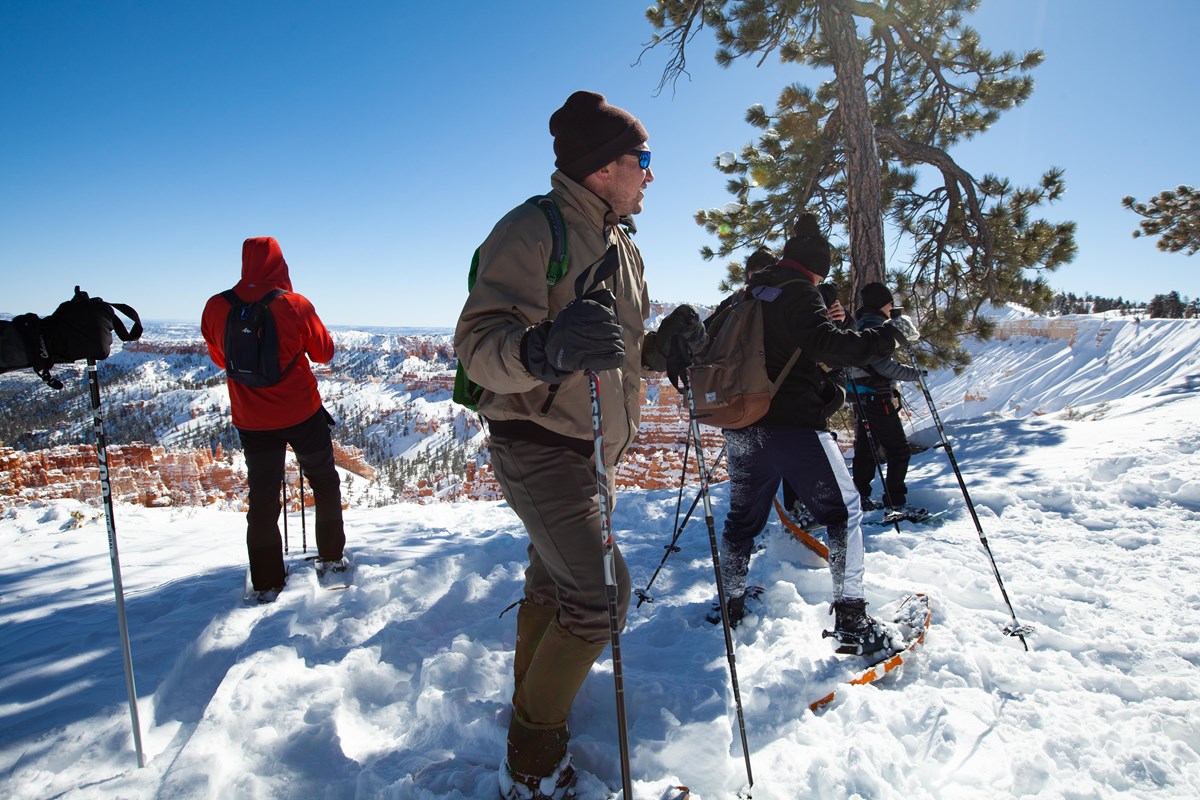 Two people wearing winter clothing and snowshoes stand in a snowy field