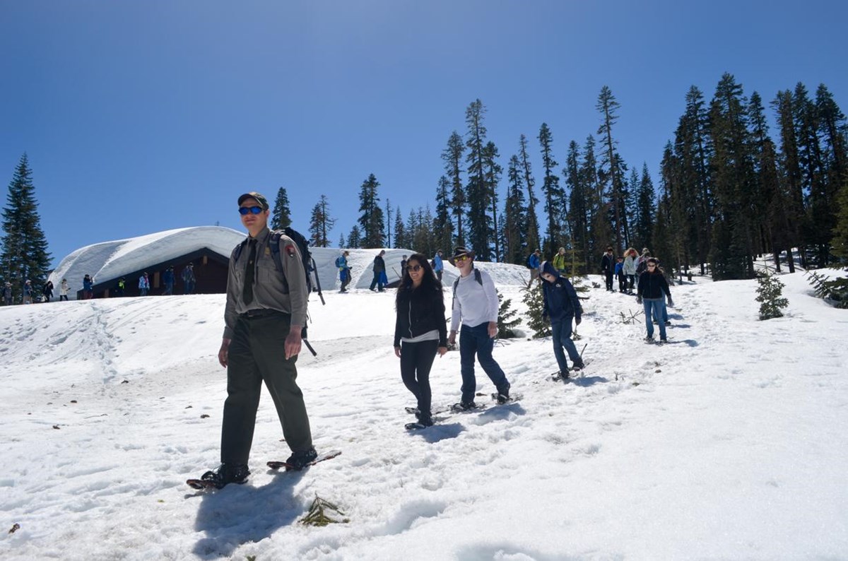 A ranger leads a group of people on snowshoes down a snow-covered slope