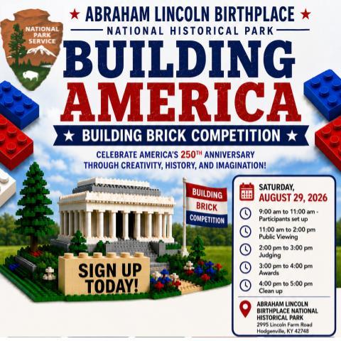 A color flyer for the Building America Brick Challenge with the Memorial Building in Legos