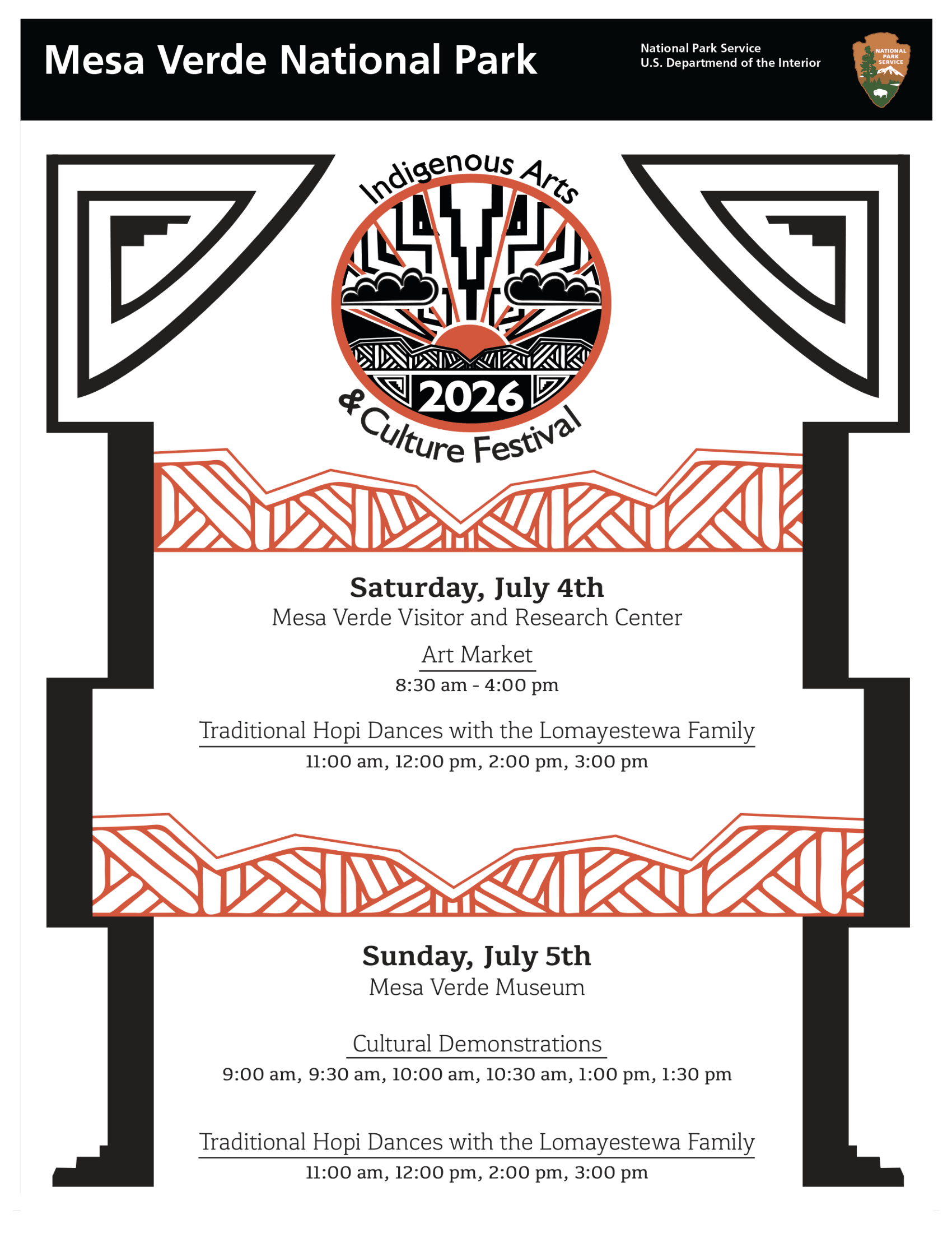A flier for the park with a logo in Hopi artstyle, showing the sun rising above a mesa.