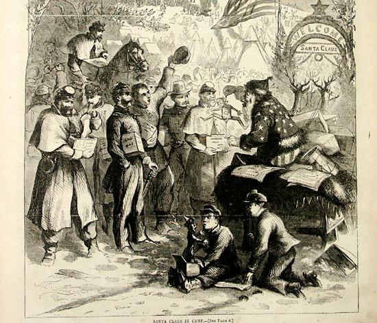 Thomas Nast cartoon of Santa Claus greeeting Civil War soldiers in their camp.
