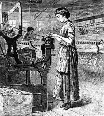 A black and white drawing of a historic woman working at an industrial loom.