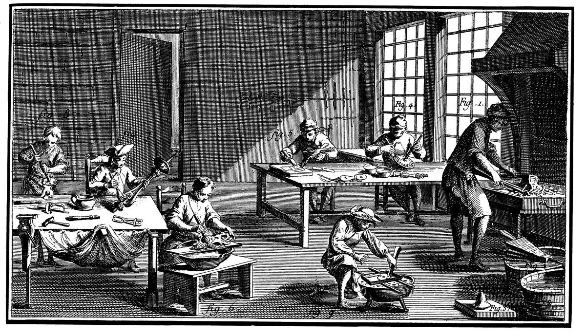 Black and white engraving of metal workers in a workshop