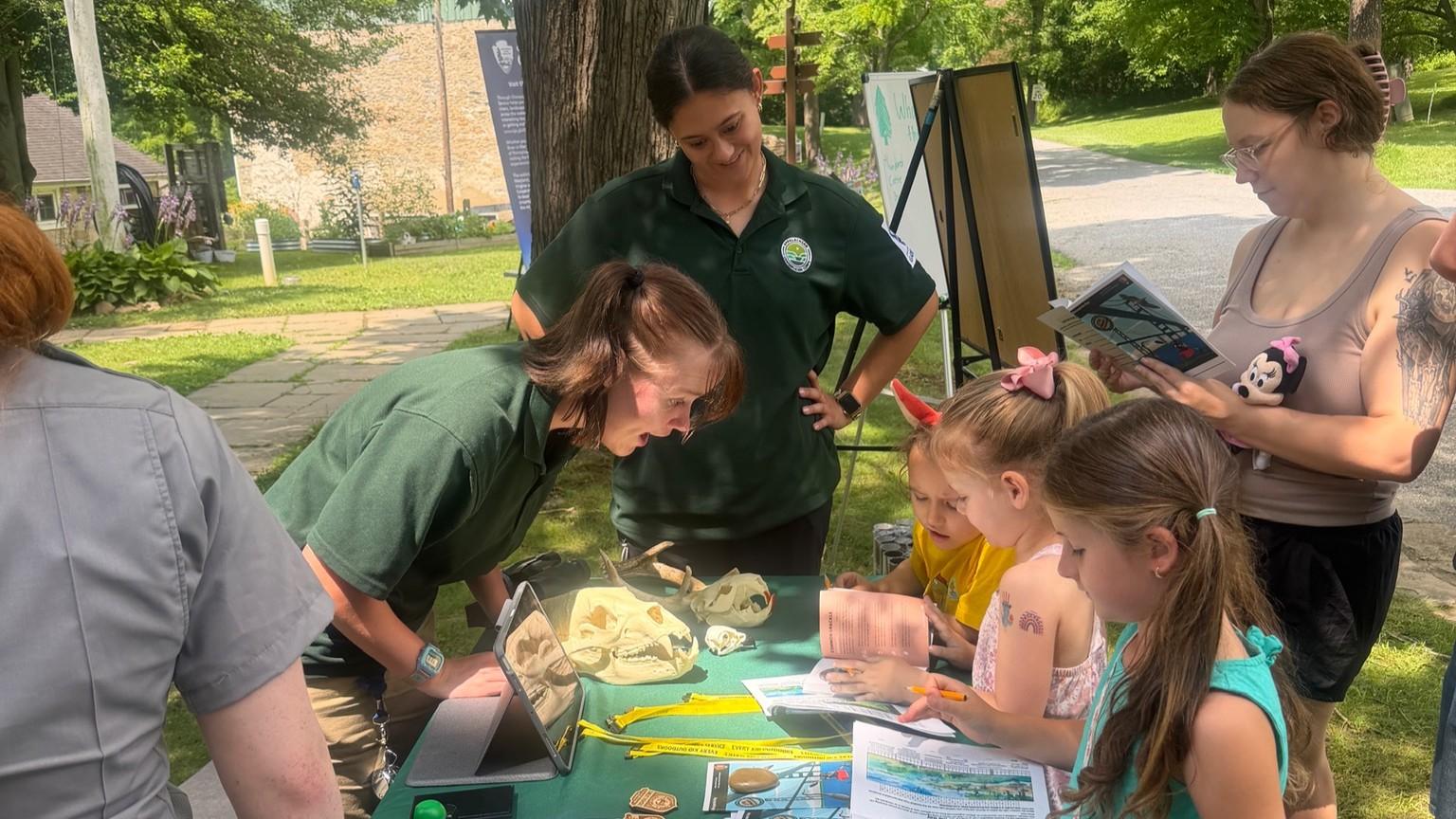 A group engage in an outdoor educational activity, examining materials on a green table under a tree