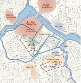 A map of Lowell with different historic neighborhoods highlighted and labeled.