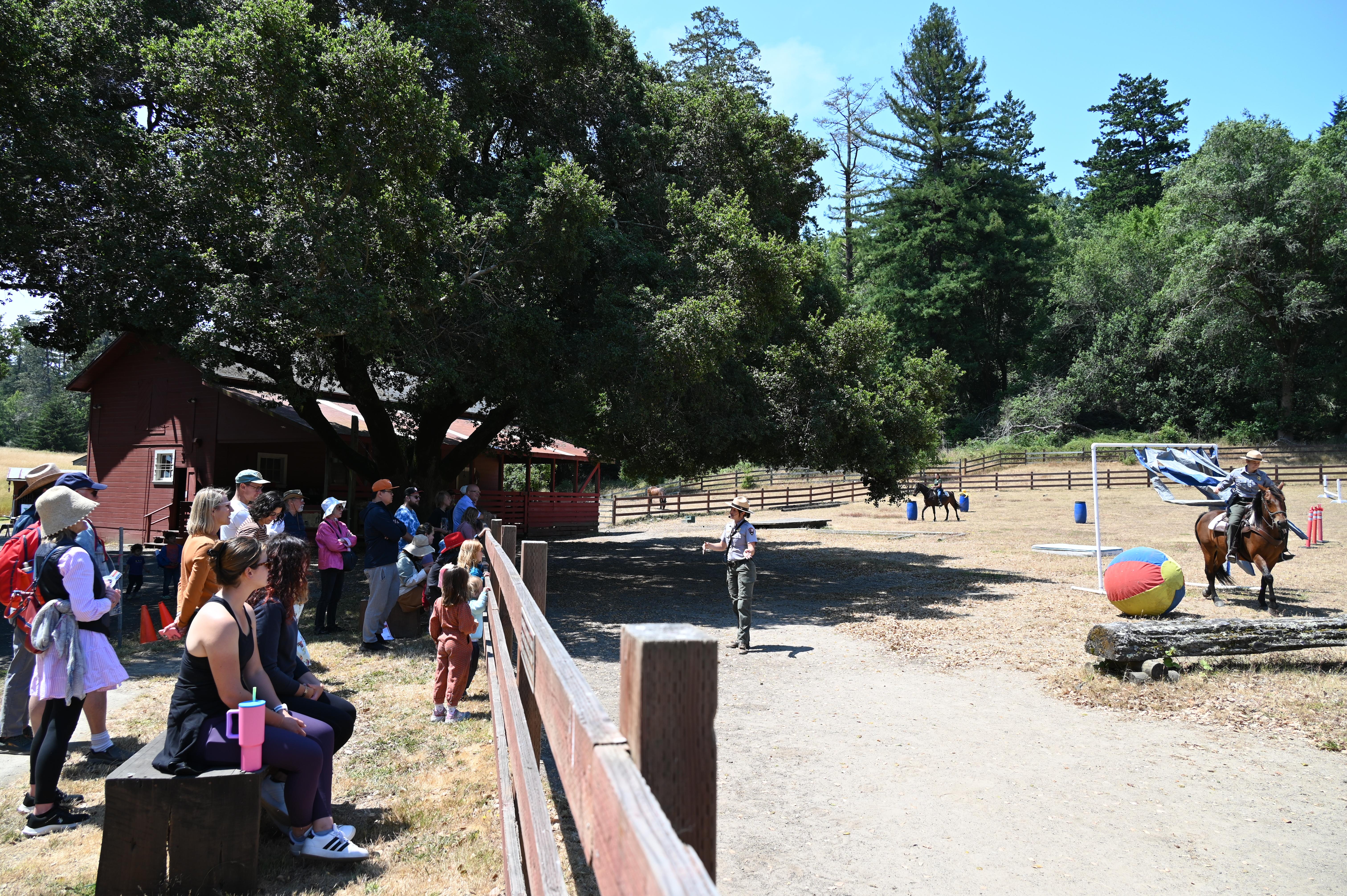 A crowd watches a ranger speaking, and two rangers on horseback in a field.