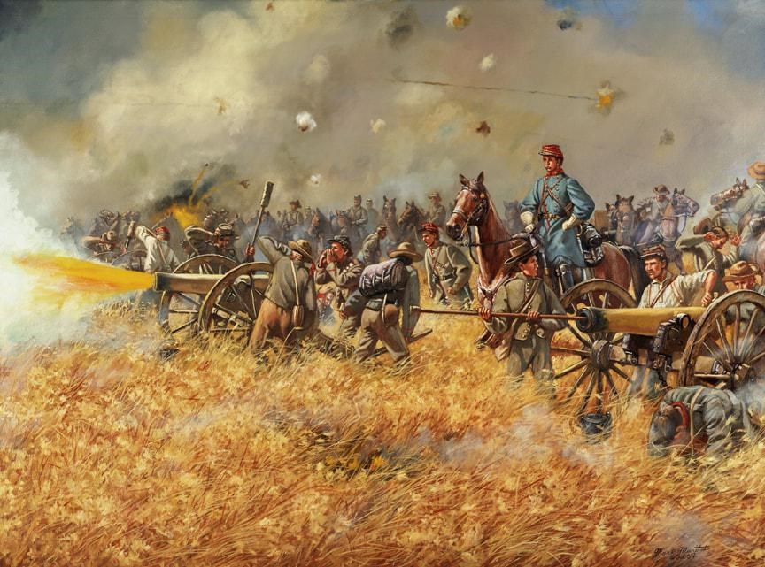 dozens of soldiers lined up behind a firing cannon, with a youthful commander on horseback