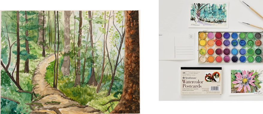 watercolor painting of trees and a trail and a picture of watercolor paints and notecards