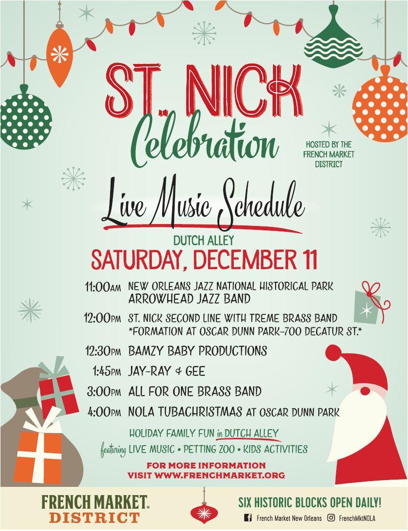 Poster of performance schedule with drawings of holiday ornaments & presents