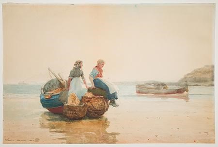 Watercolor painting with two women sitting on a fishing boat on the shore.