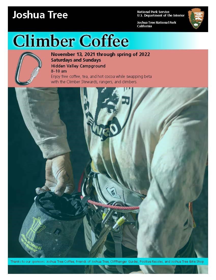 A flyer that reads Climber Coffee and shows a close-up of a climber reaching into a chalk bag.