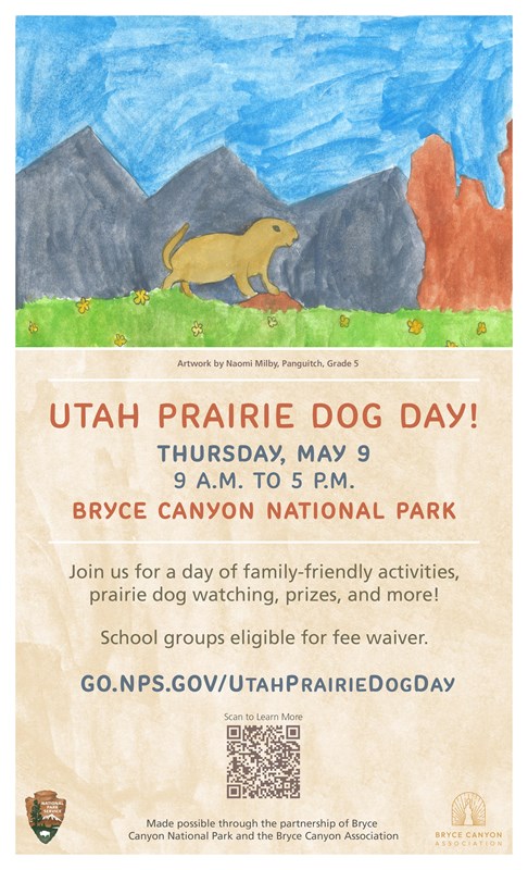 A poster for Utah Prairie Dog Day showing a children's drawing of a prairie dog and event info