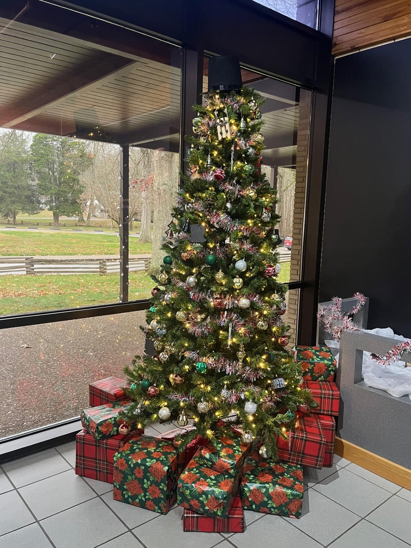 A color photo showing a green Christmas Tree covered in lights with colorful packages at the base.