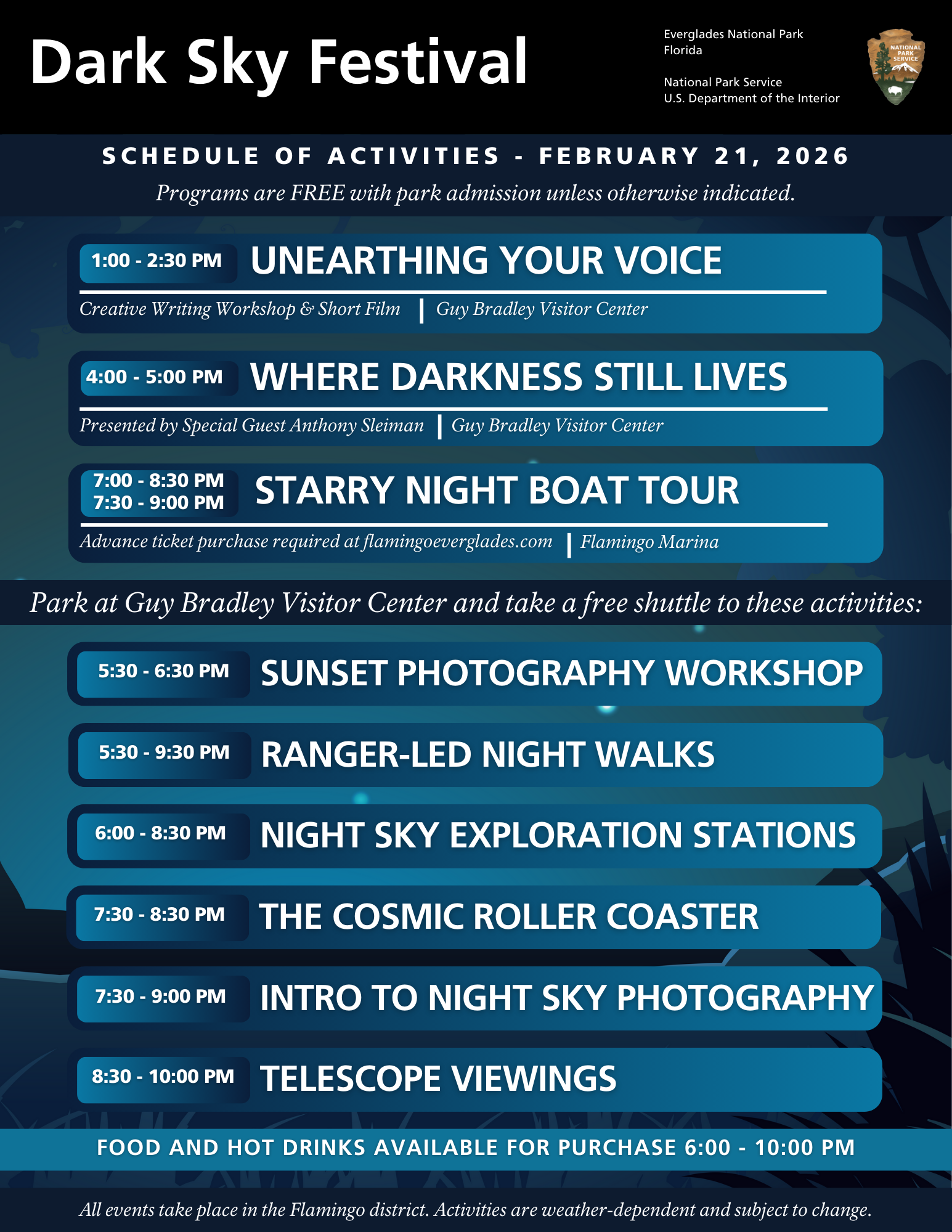 Schedule of activities for the Everglades Dark Sky Festival.