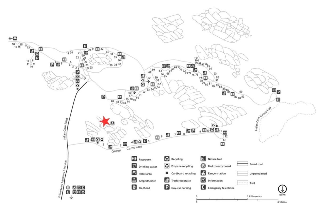 Map of Indian Cove campground with a star at the amphitheater. Follow written directions to find it!