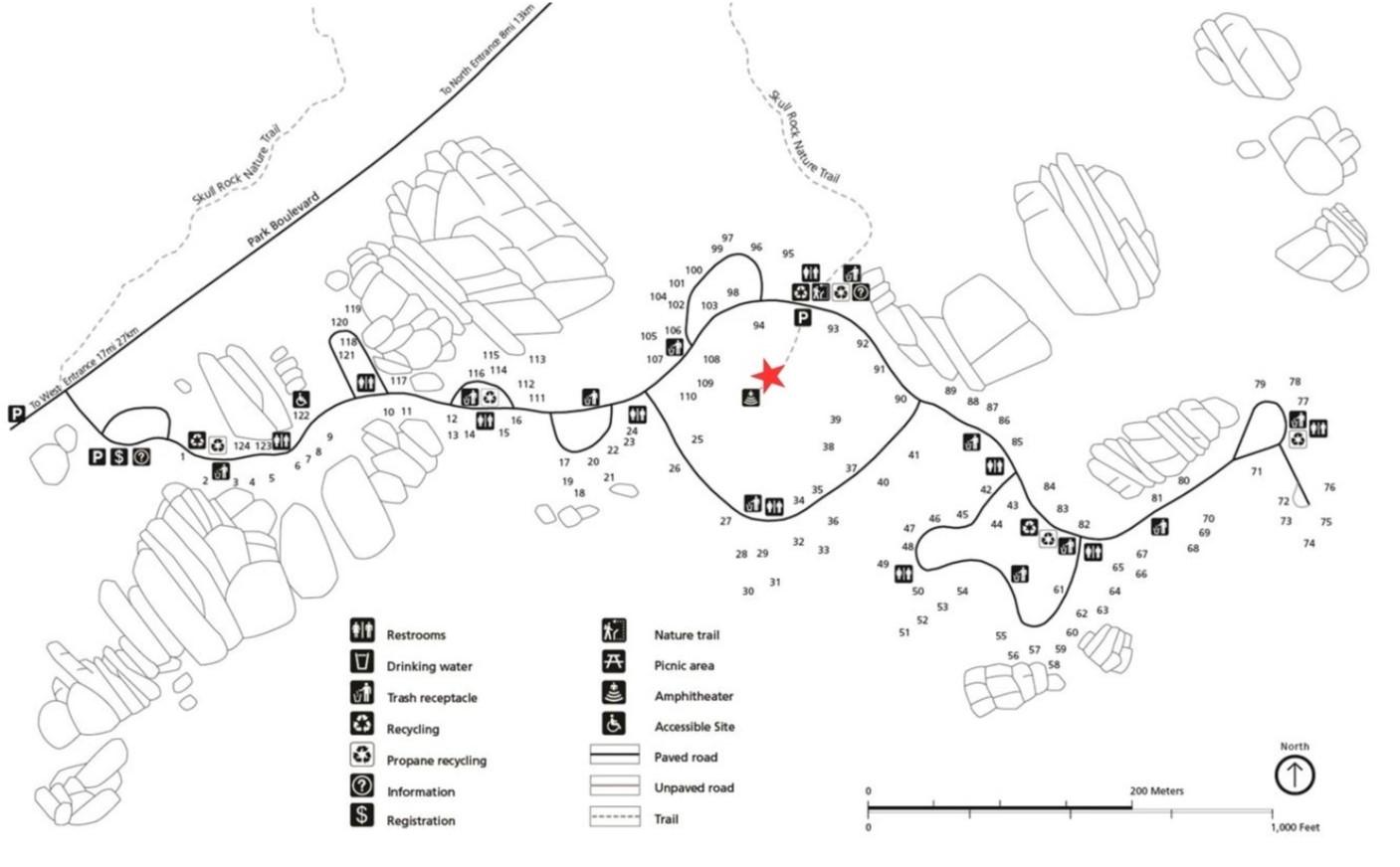 Map of Jumbo Rocks campground with amphitheatre marked. The amphitheatre is by sites 93 and 94.