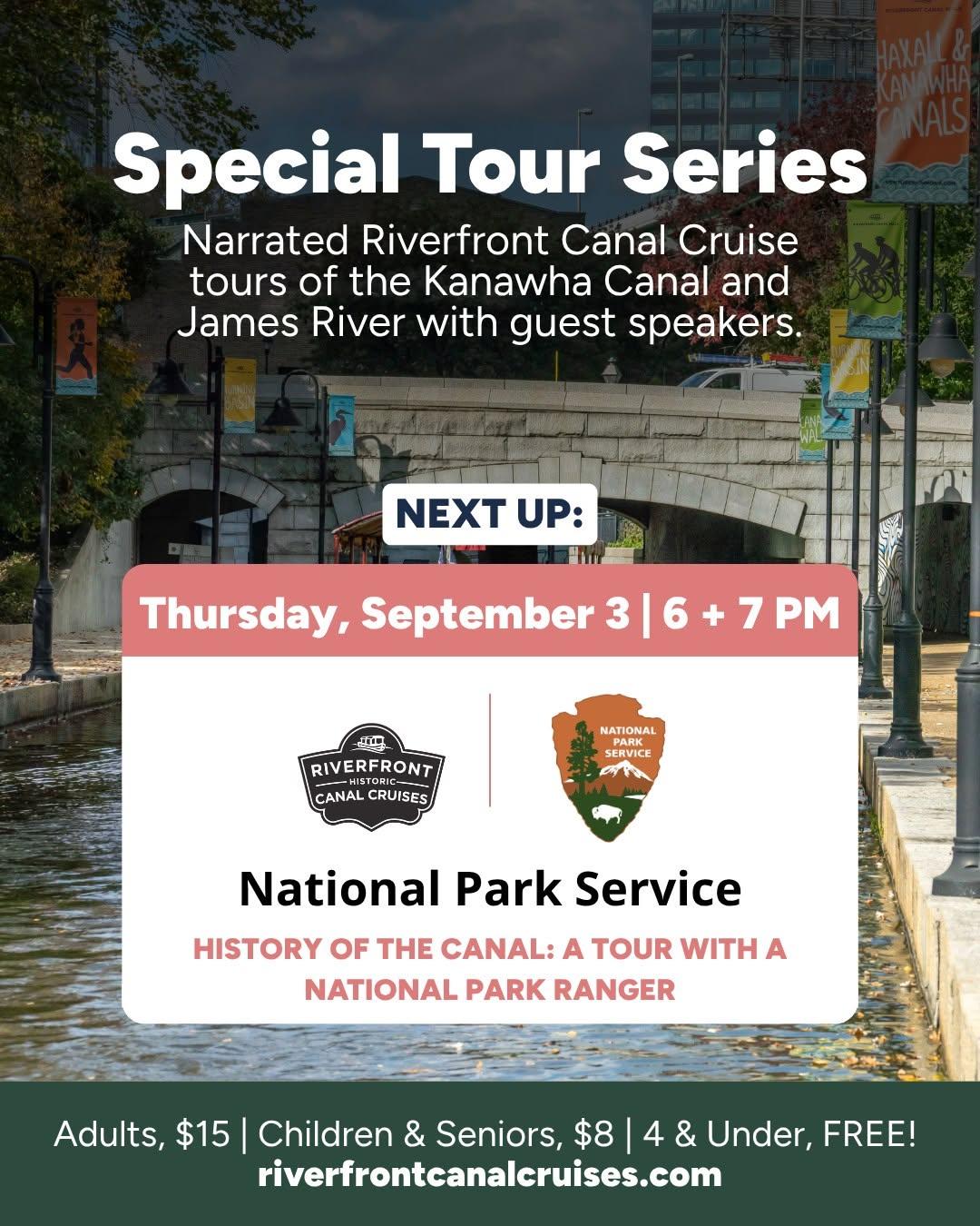 A colorful flier depicting a stone-line canal in an urban area.
