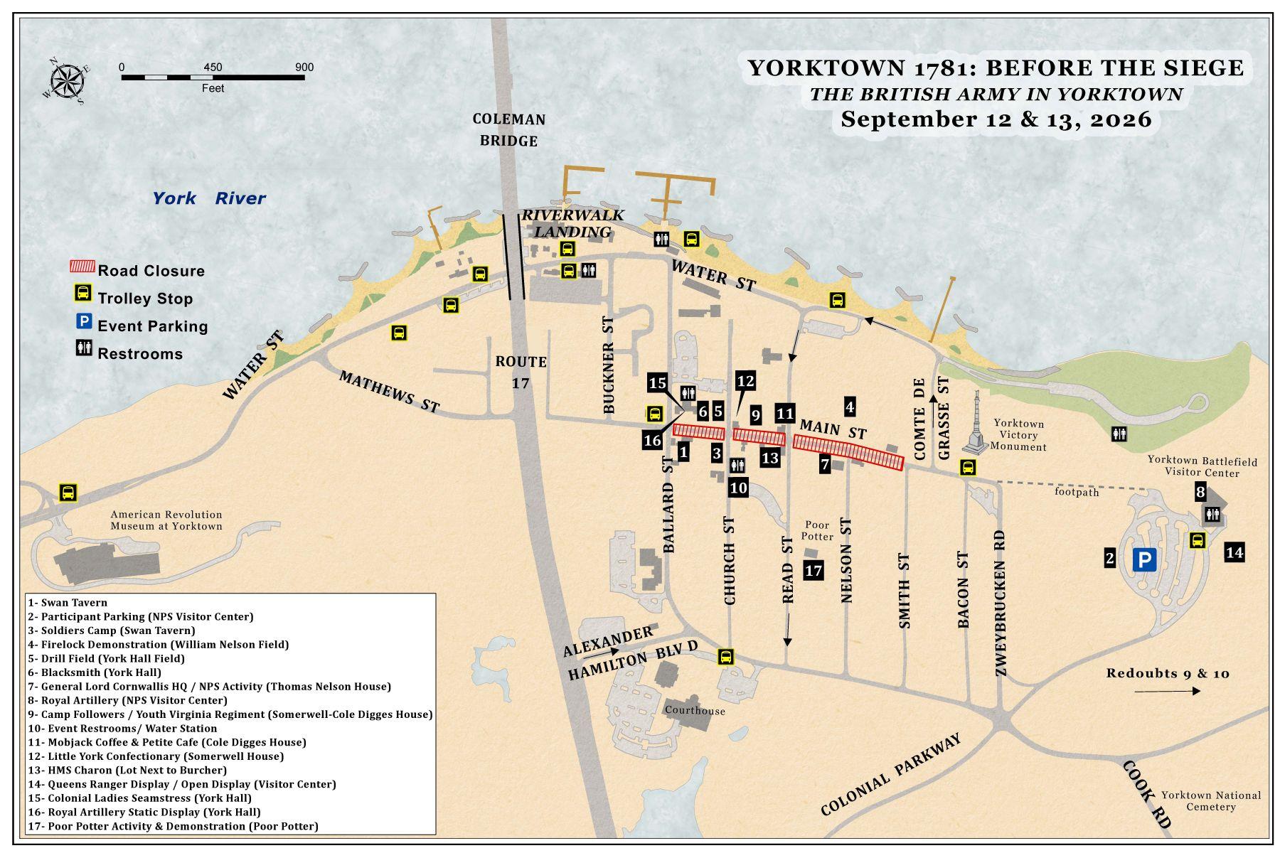 A map of historic Yorktown showing the locations of the reenactors