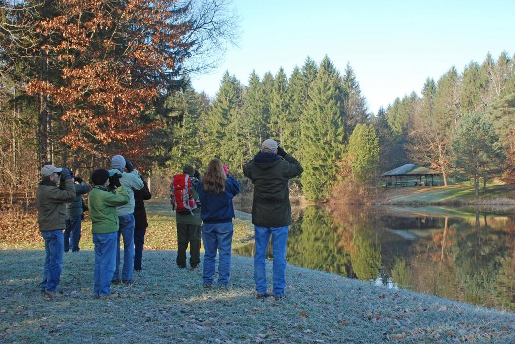 8 people stand on frosty grass looking through binoculars across a glassy pond.