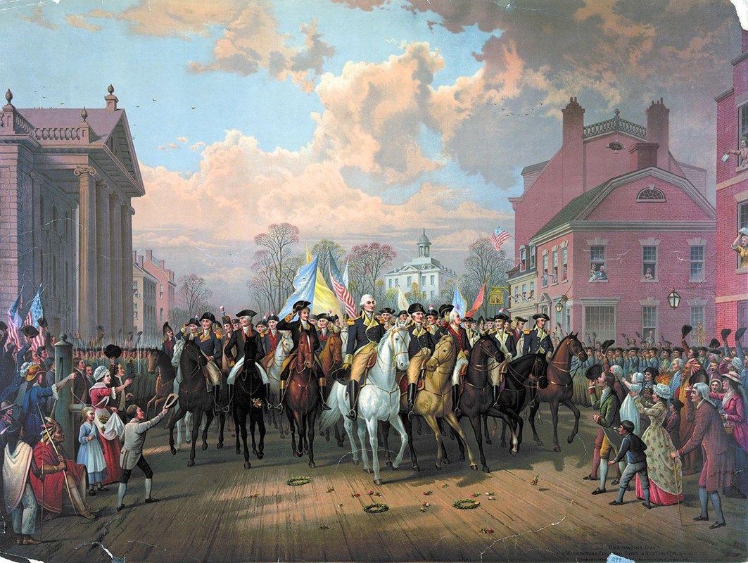 Print showing George Washington and other military officers riding on horseback along street.