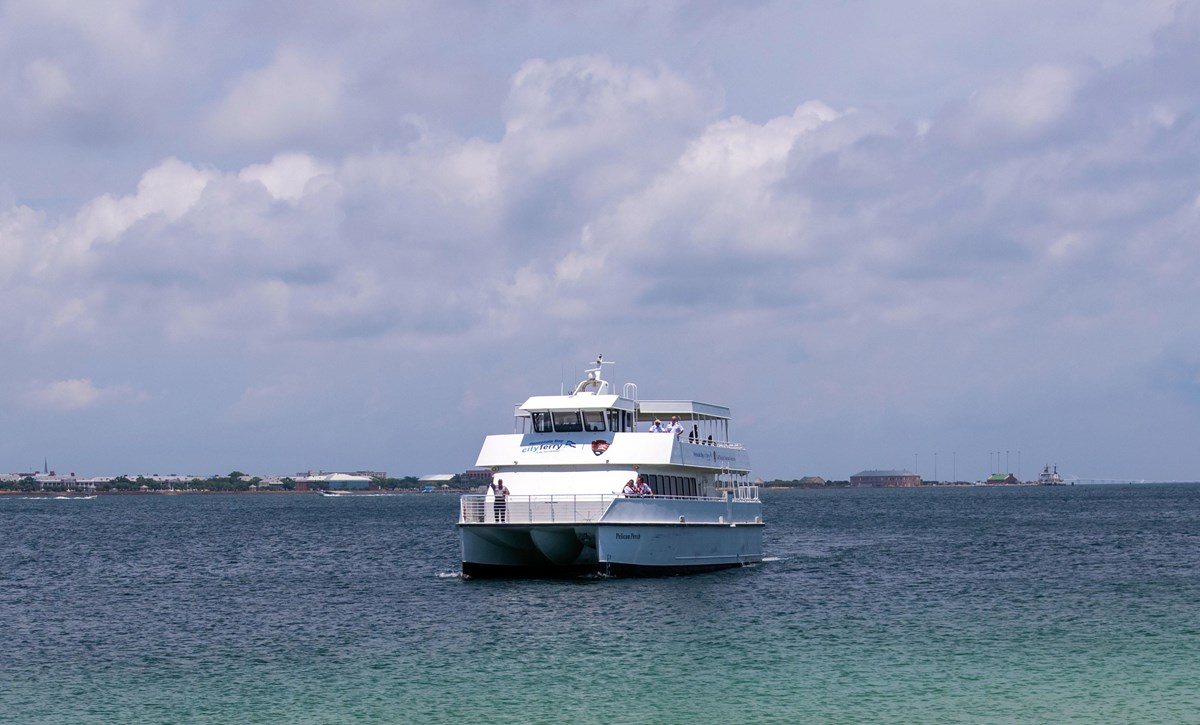 A ferry boat in the water