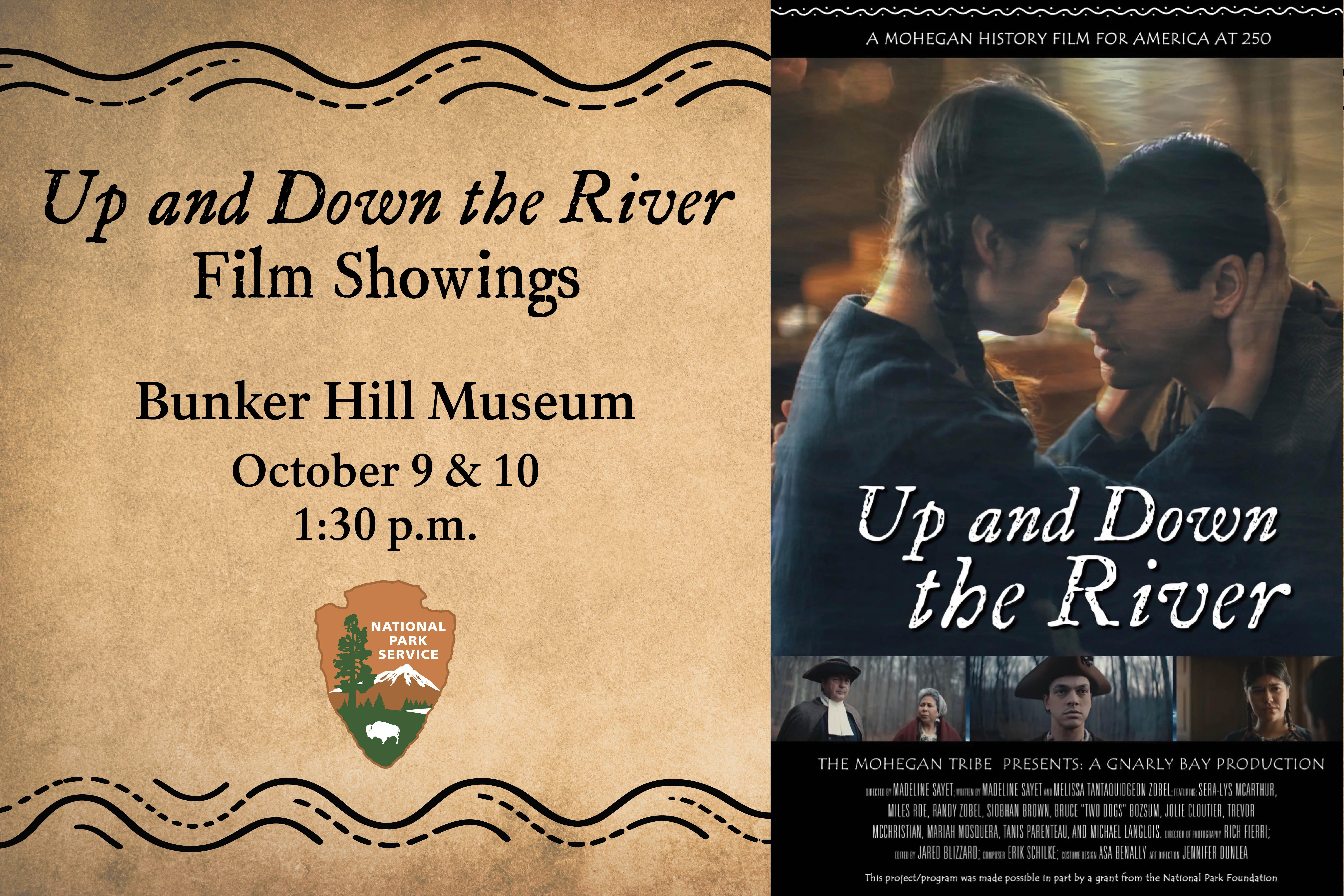 Event graphic with event details. To the right is a movie poster featuring two people embracing.