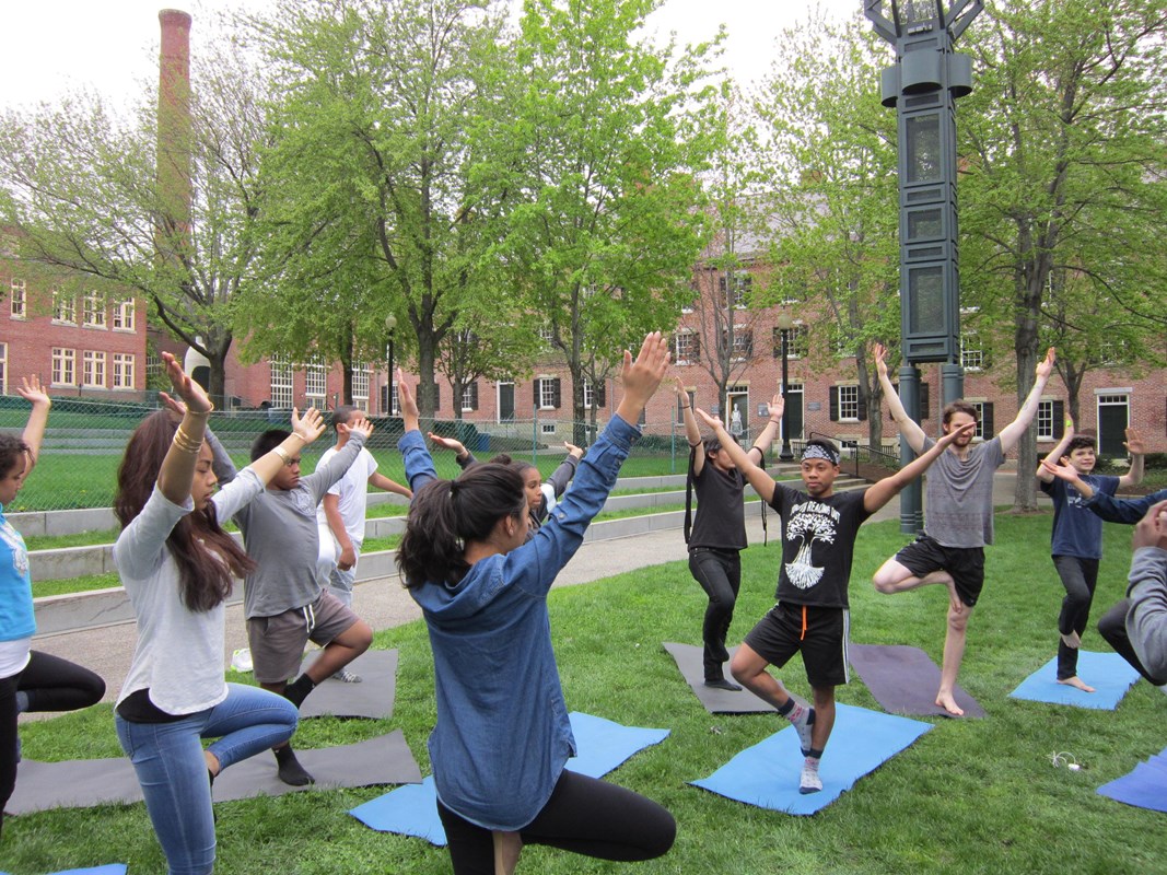 A group of teenagers practice yoga in a park