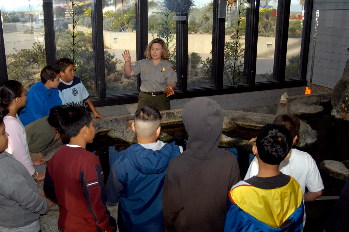 ranger with kids at tidepool exhibit