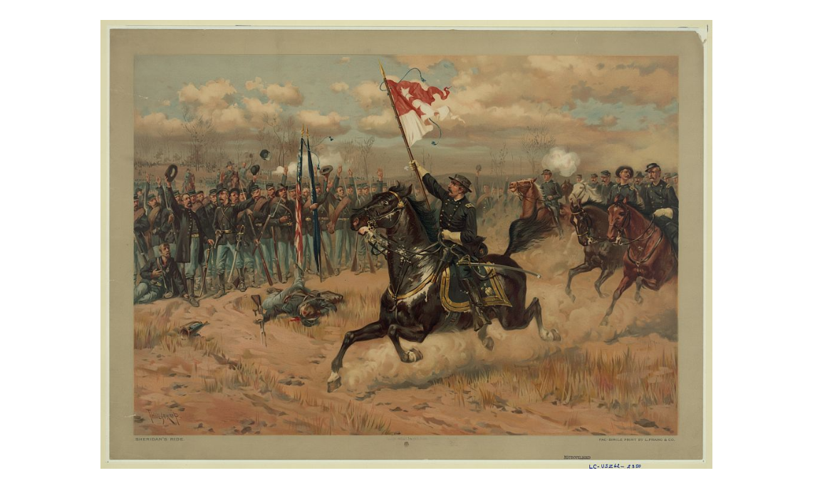 Battle painting of a mounted officer dramatically riding in front of cheering soldiers.
