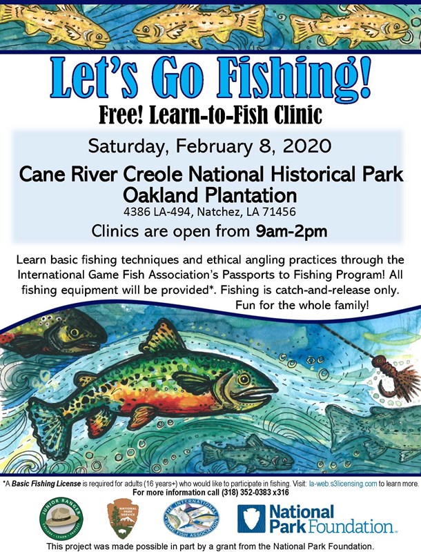 Let's Go Fishing clinic flyer featuring fish in a river.