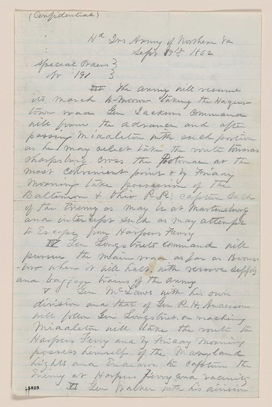Blue lined paper containing Robert E. Lee's orders for the 1862 Maryland Campaign