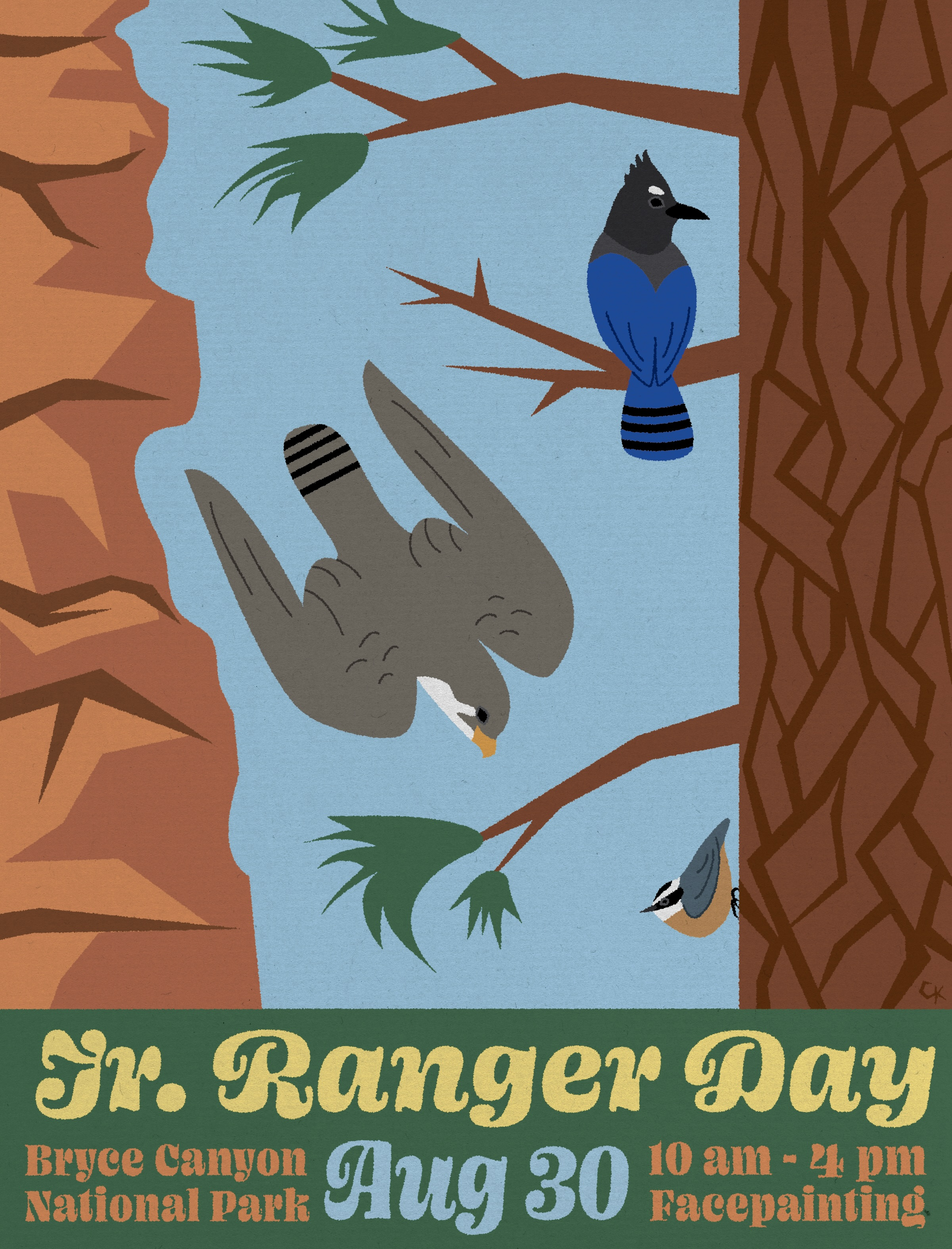 Illustration of birds, a tree, and a hoodoo. Text: Jr. Ranger Day at Bryce, 8/30, 10-4 facepainting.