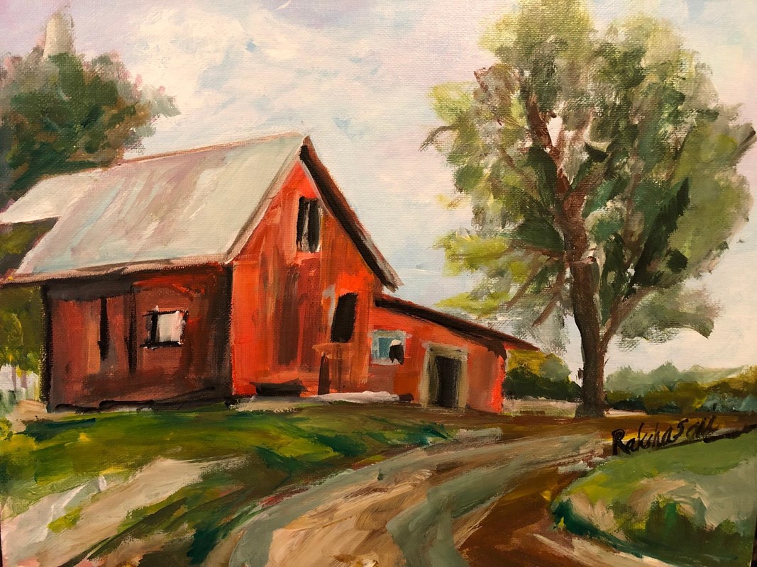 A painting of a red barn and a winding road