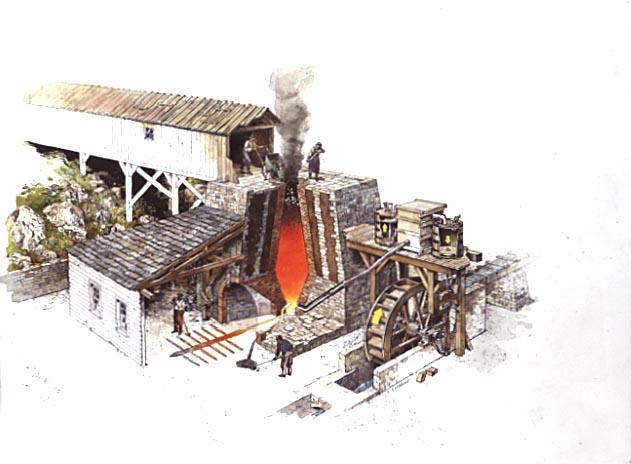 Partial cutaway of a 19-century iron furnace revealing the tunnel head, molten iron and slag, bosh,