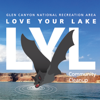 Illustration of happy bat drinking overlaid on photo of Lake Powell