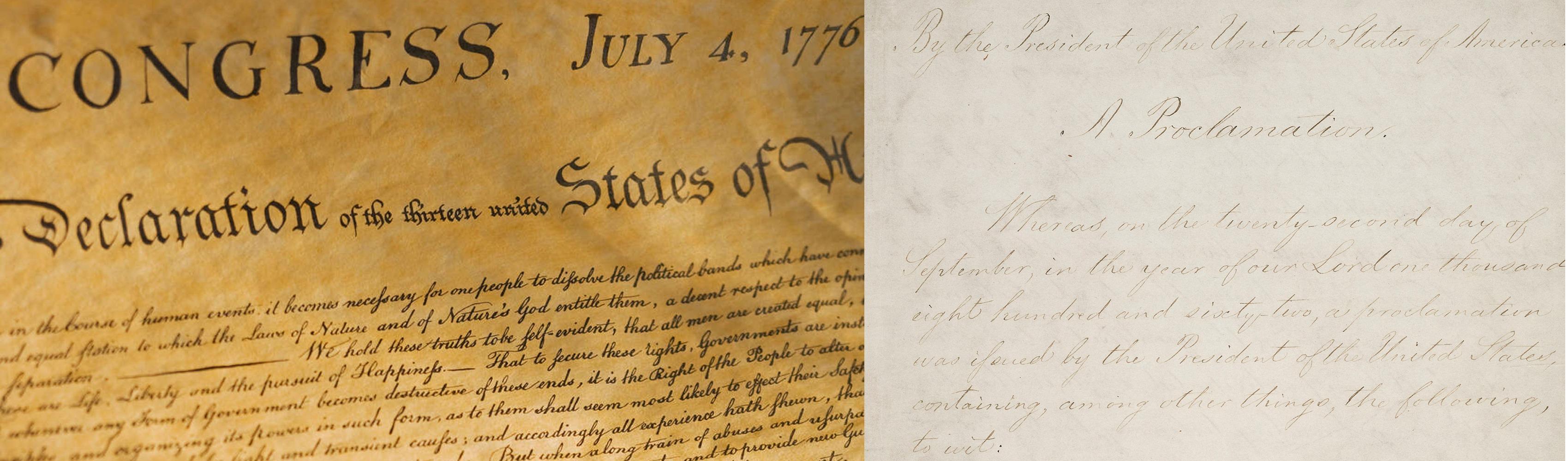 The top sections of the Declaration of Independence and the Emancipation Proclamation pictured side